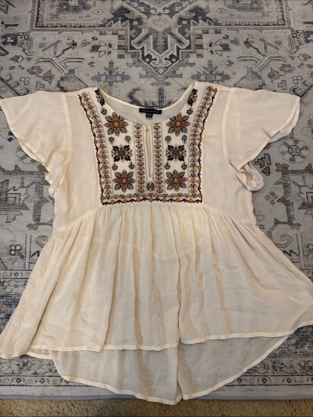 American Eagle Cream Embroidered Boho Babydoll Peplum Blouse Small
